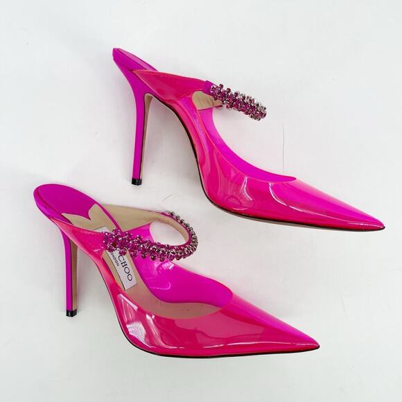 Jimmy Choo Pink Plexi Bing 100 Crystal Embellished Pointed Toe Mule Heel IT 39 - Picture 3 of 12